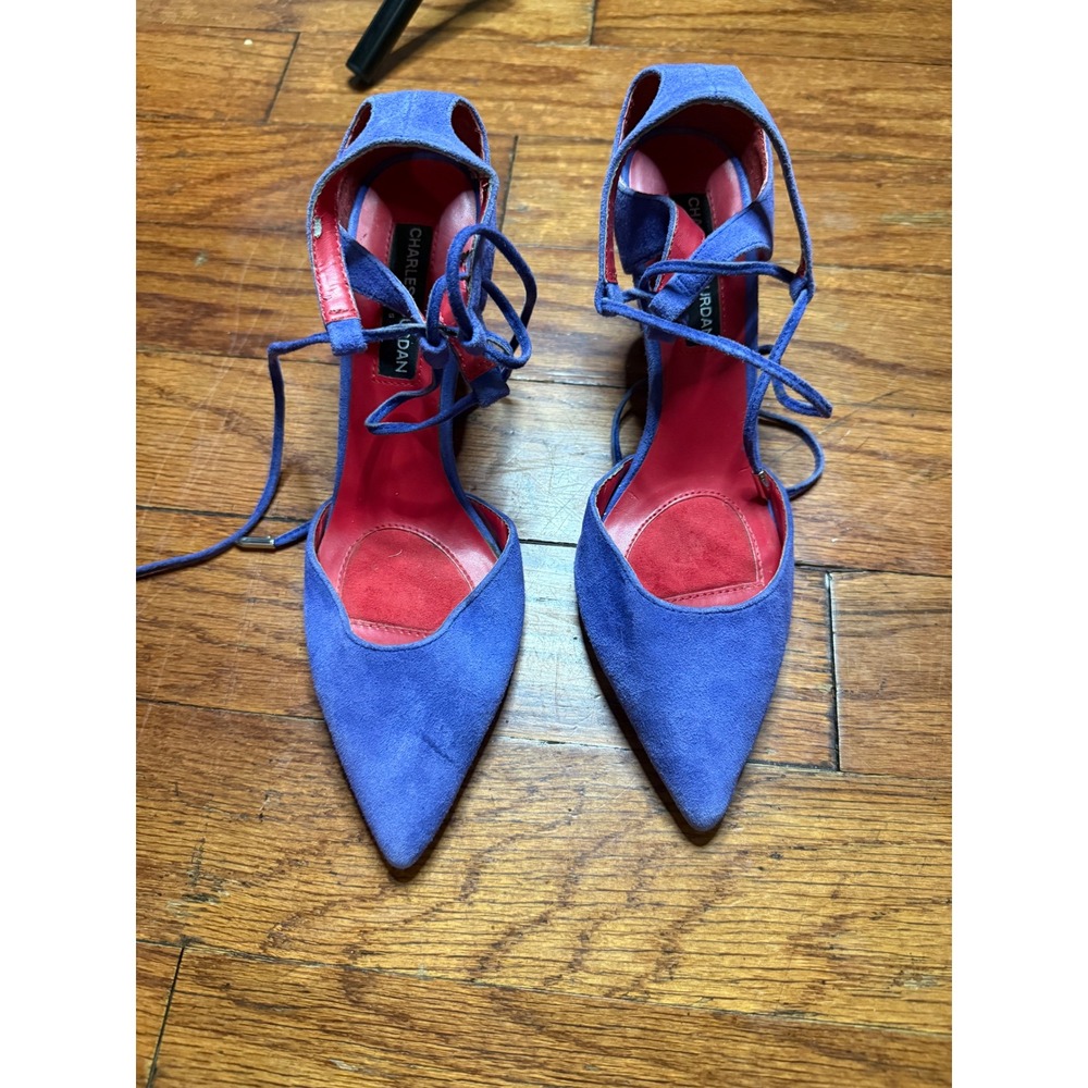 Charles Jourdan Paris Blue Suede Pointed Toe Lace Up Ankle Tie Heels Size 6